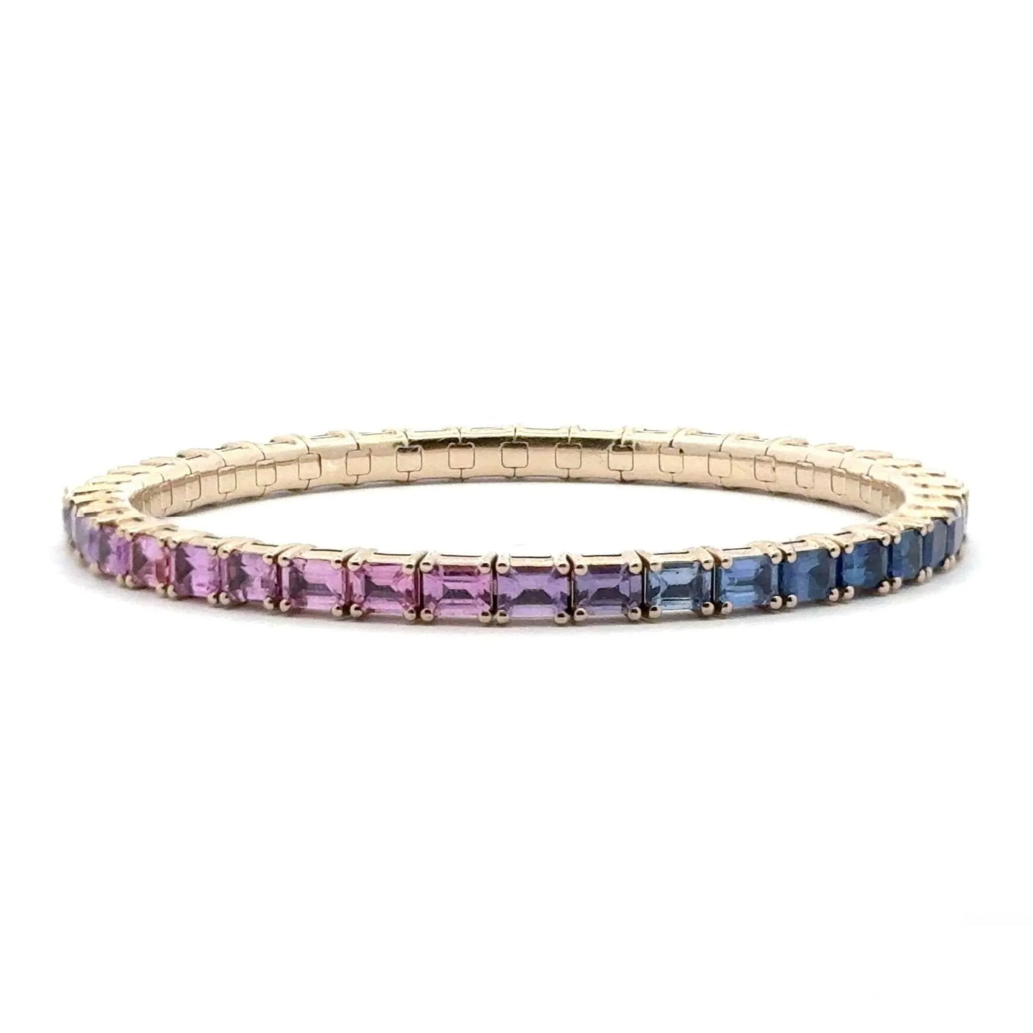 18K Gold Stretch Emerald Cut Ombre Blue and Pink East West Sapphire Tennis Bracelet