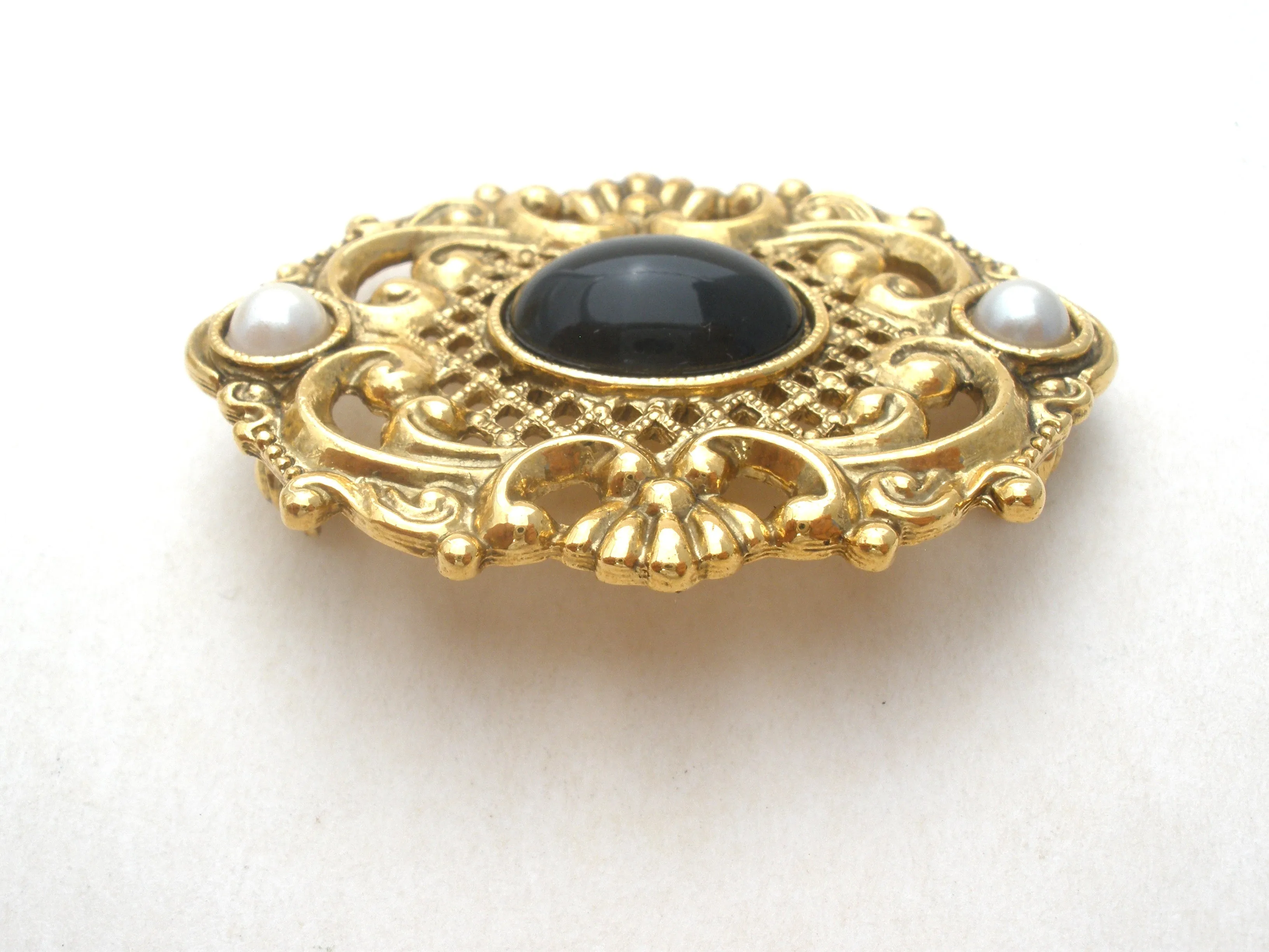 1928 Co Black Rhinestone & Pearl Brooch Pin