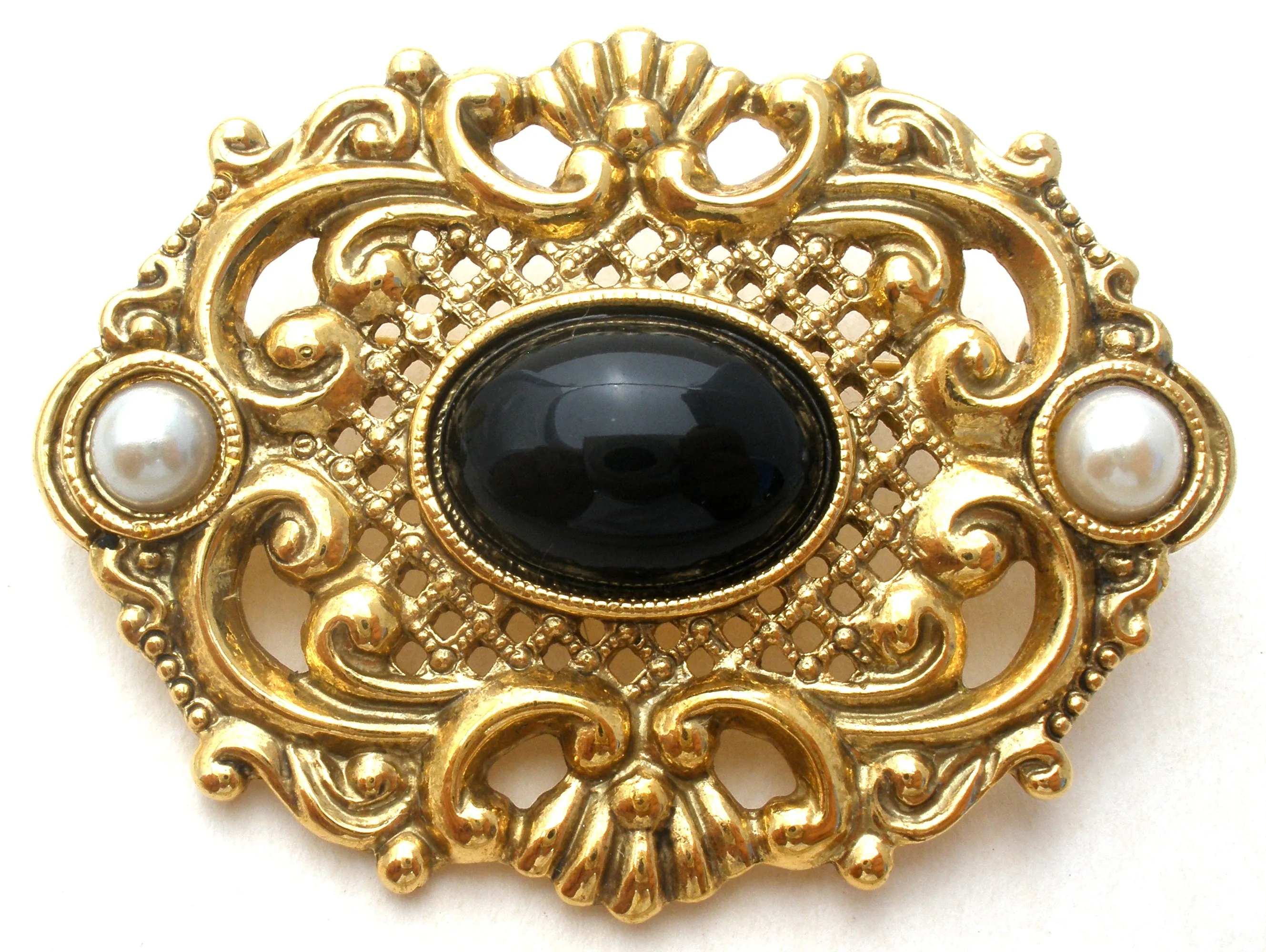 1928 Co Black Rhinestone & Pearl Brooch Pin