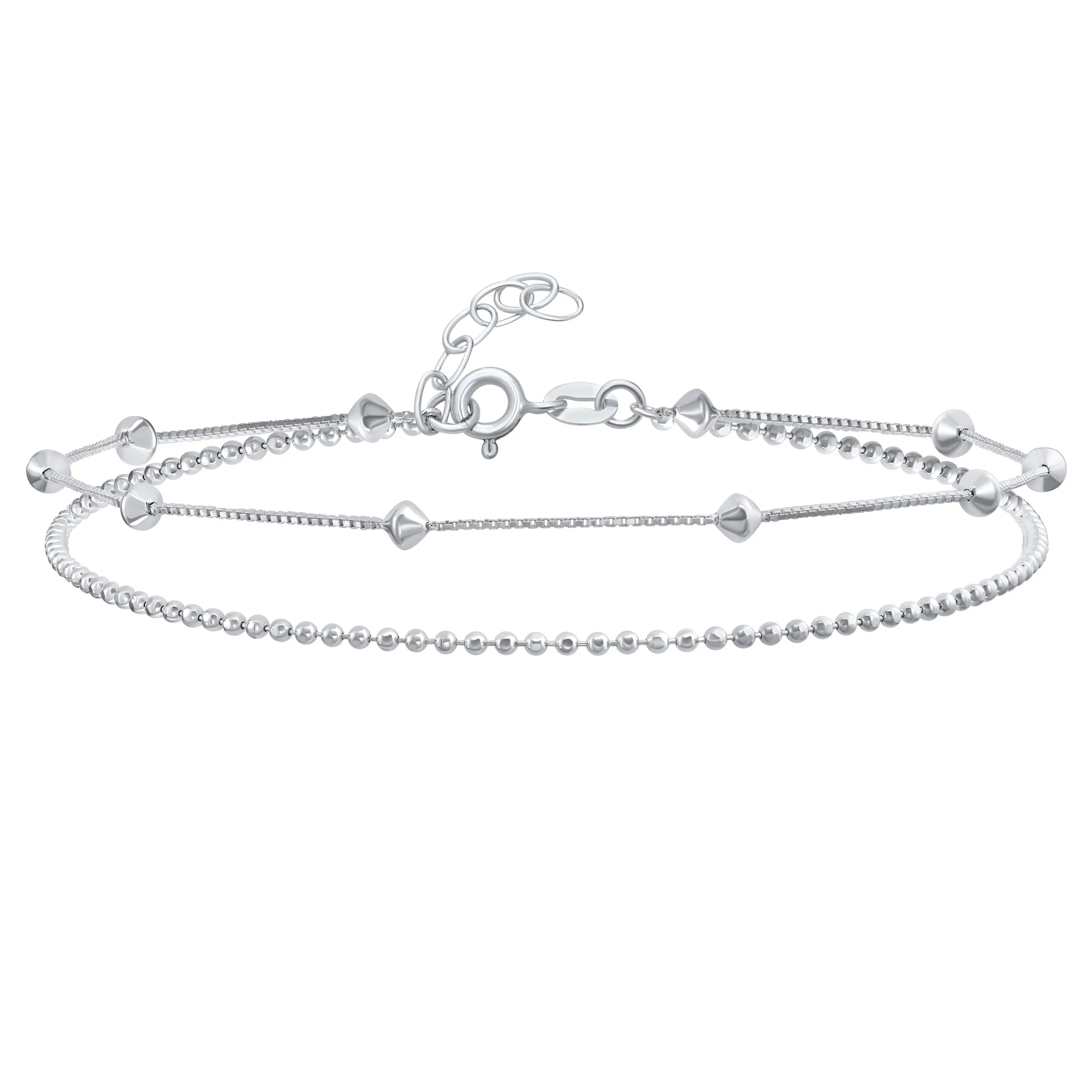 2-in-1 Sterling Silver Anklet Ankle Bracelet with Diamond Beads 9-10 Inch