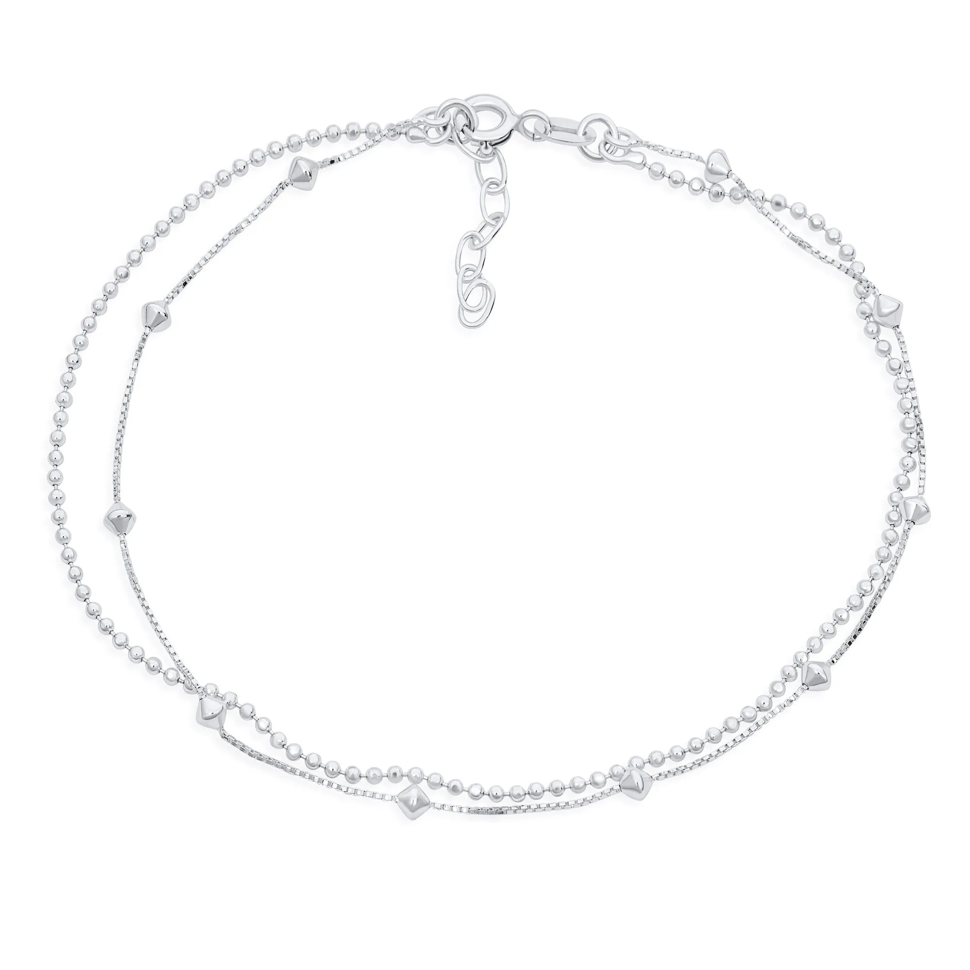 2-in-1 Sterling Silver Anklet Ankle Bracelet with Diamond Beads 9-10 Inch