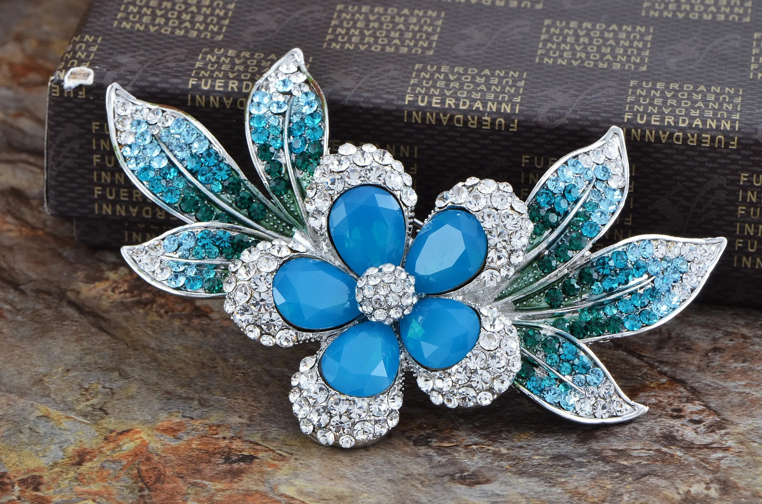 Alilang Womens Silver Blue Green Swarovski Crystal Rhinestones Tropical Hawaiian Flower Brooch Pin