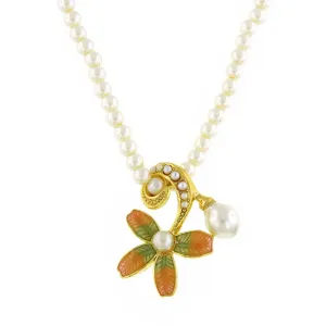 Antiquities Couture Fantasia Fiori 4mm Faux Pearl Strand Floral Pendant Necklace 16"   3" Extender