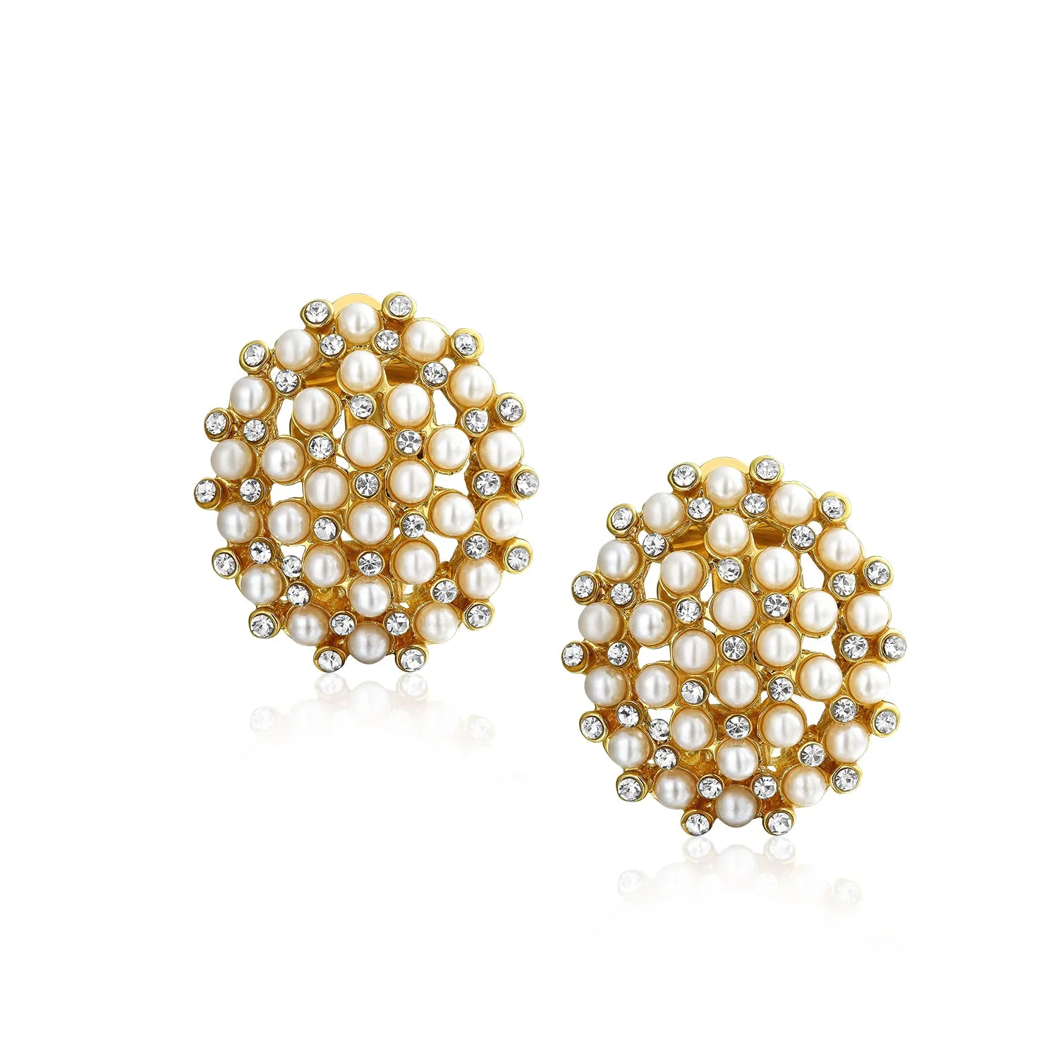 Art Deco Geometric Round White Pearl Clip-On Earrings 14K Gold Plated Fashion