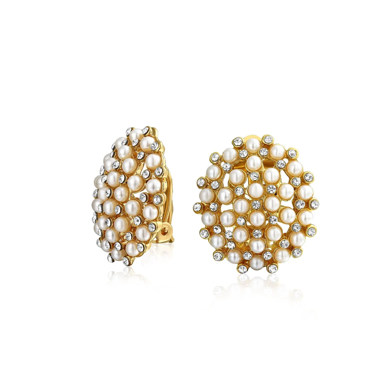 Art Deco Geometric Round White Pearl Clip-On Earrings 14K Gold Plated Fashion