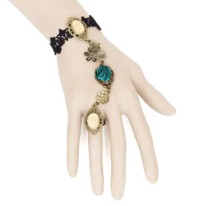 Black Lace Bracelet w/ Linked Vintage Floral Ring Set