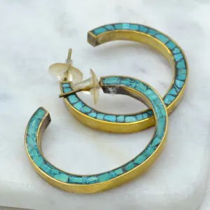 Bold Hoop Turquoise and Brass Earrings