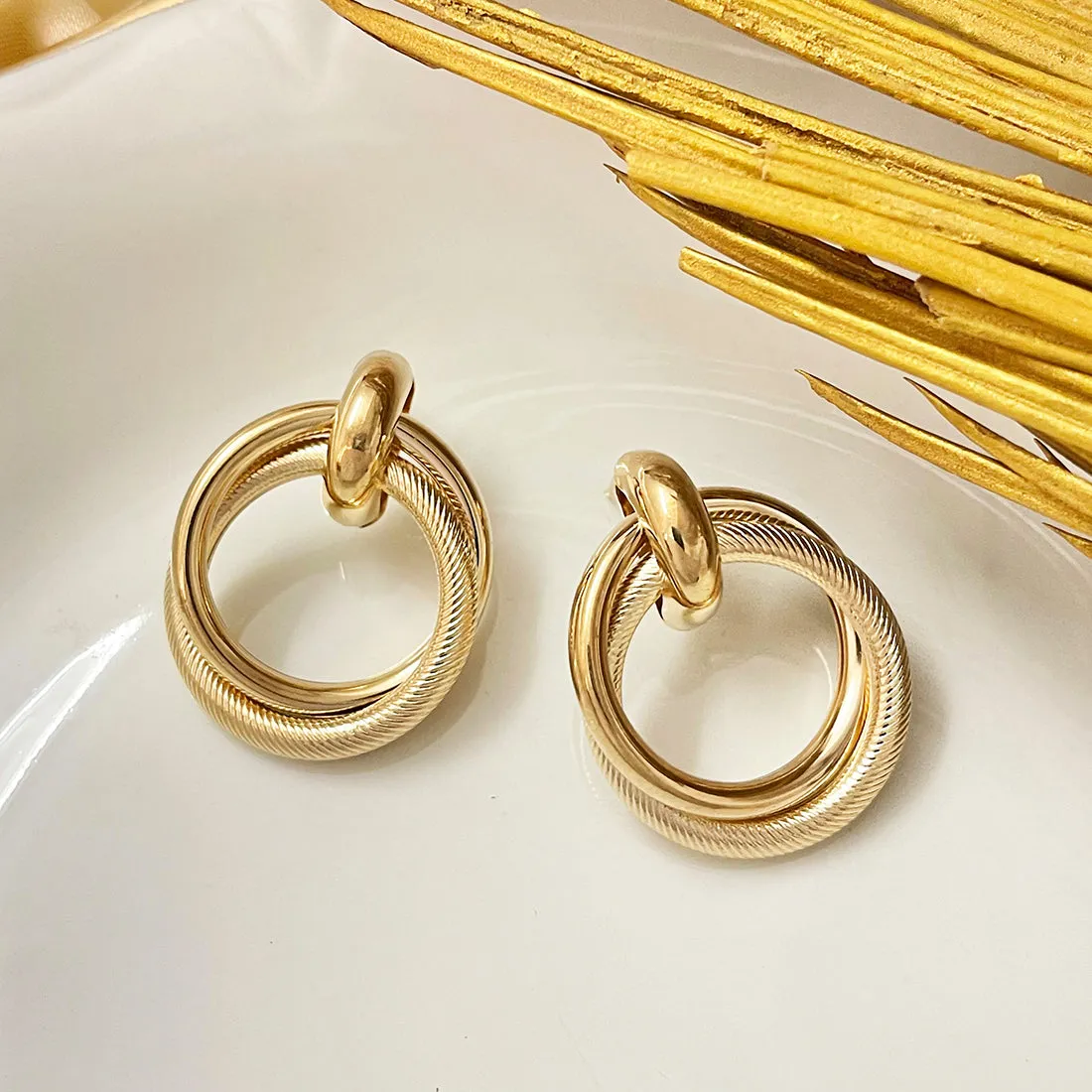 Contemporary Bold Gold-Toned Oversized Circular Layered Stud Earrings