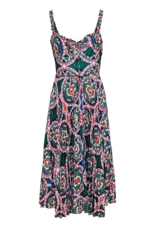 Delfi - Green, Orange & Navy Mosaic Print Empire Waist Midi Dress Sz M