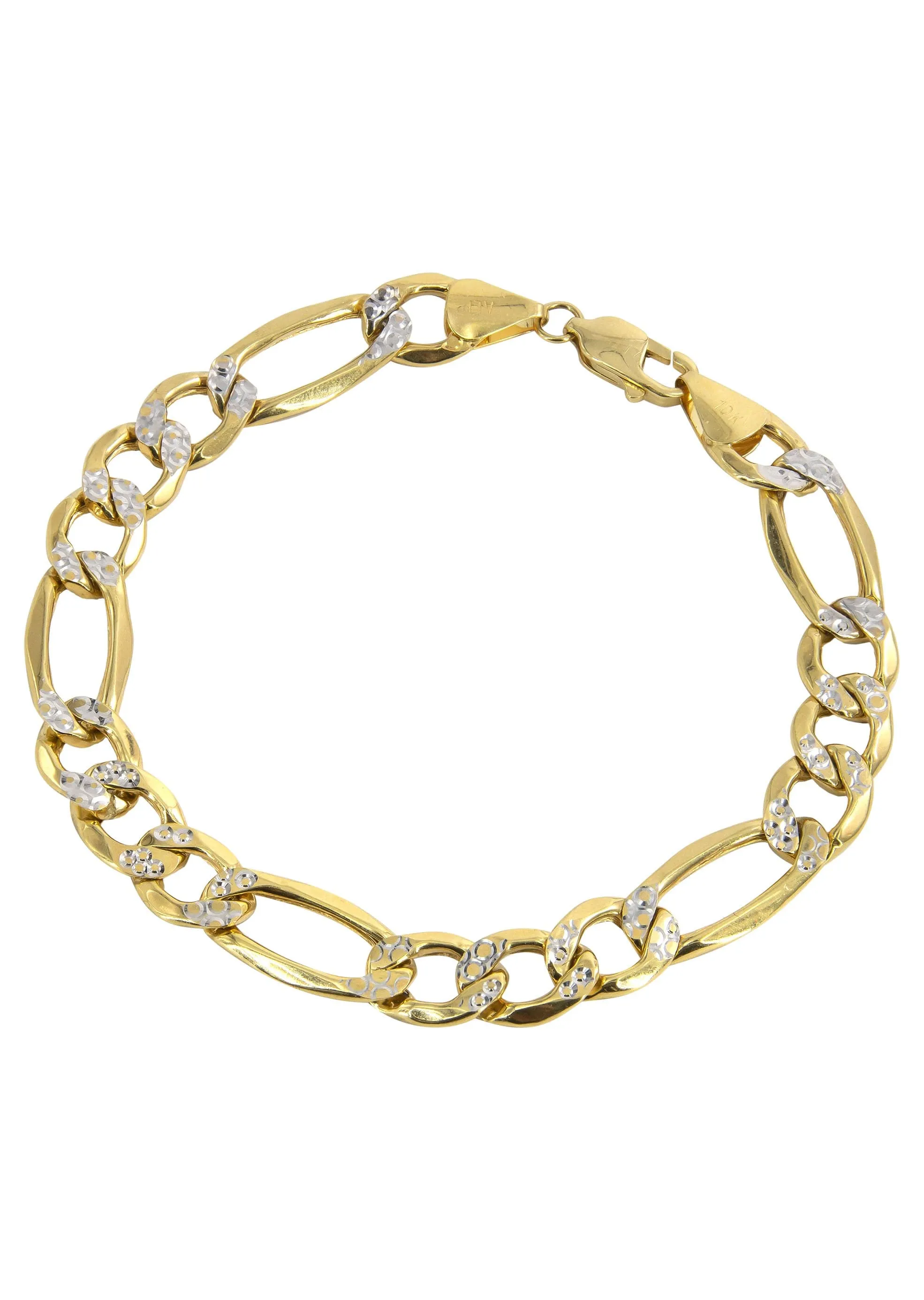 Diamond Cut Semi Solid  Mens Figaro Bracelet 10K/14K Yellow Gold