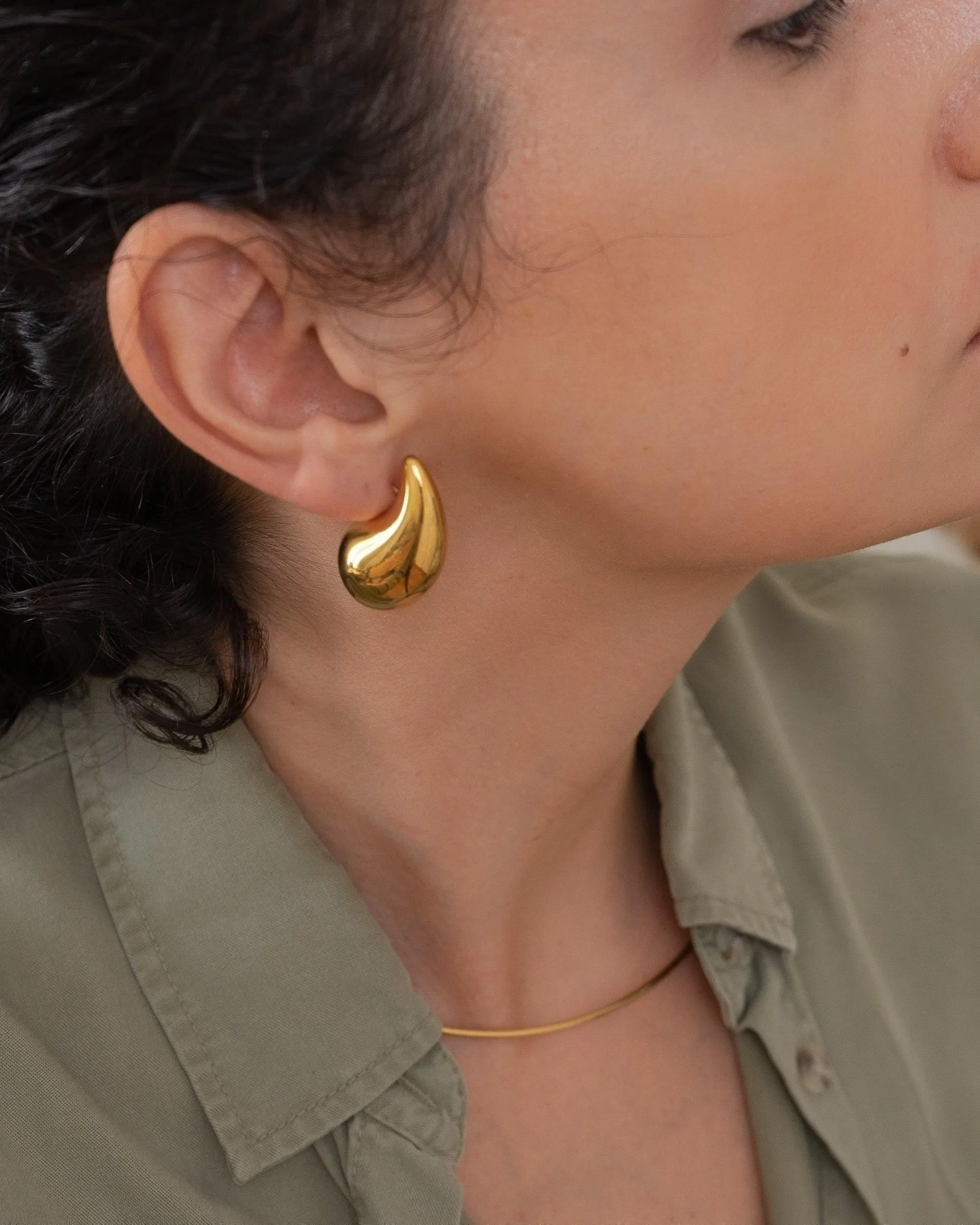 Gold Hoop Earrings - Chunky Dome Drop Shape Waterproof Boho Jewelry