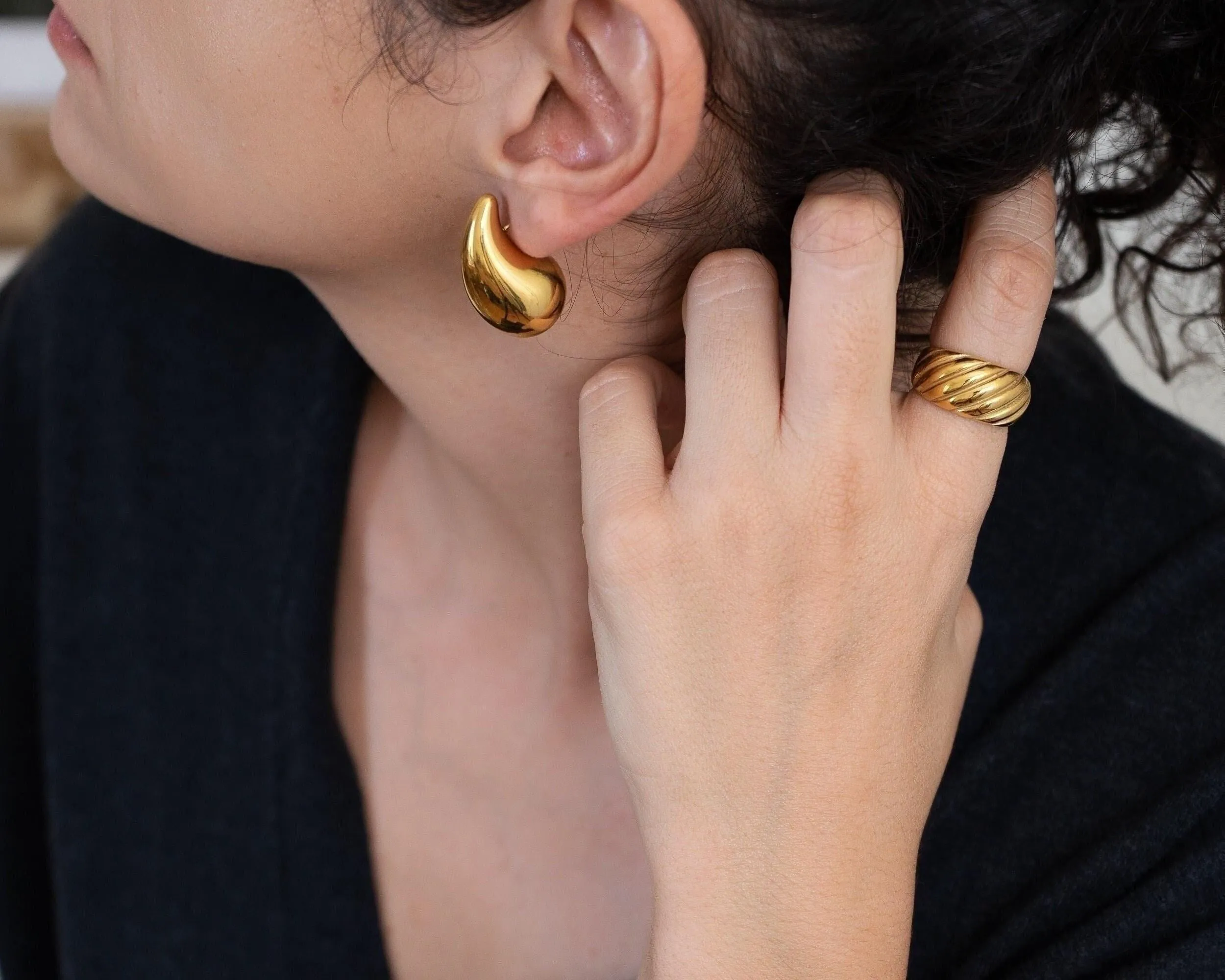 Gold Hoop Earrings - Chunky Dome Drop Shape Waterproof Boho Jewelry