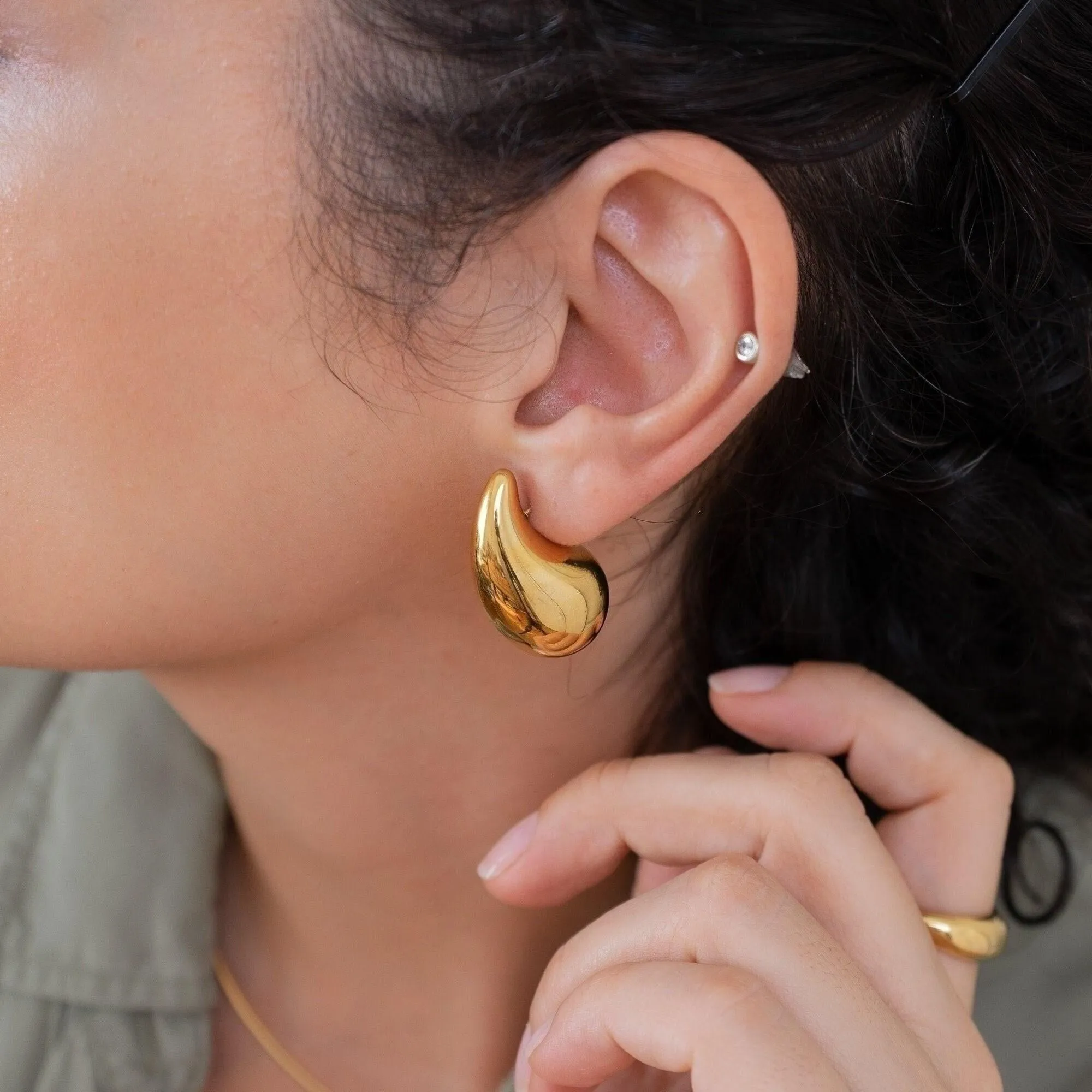 Gold Hoop Earrings - Chunky Dome Drop Shape Waterproof Boho Jewelry