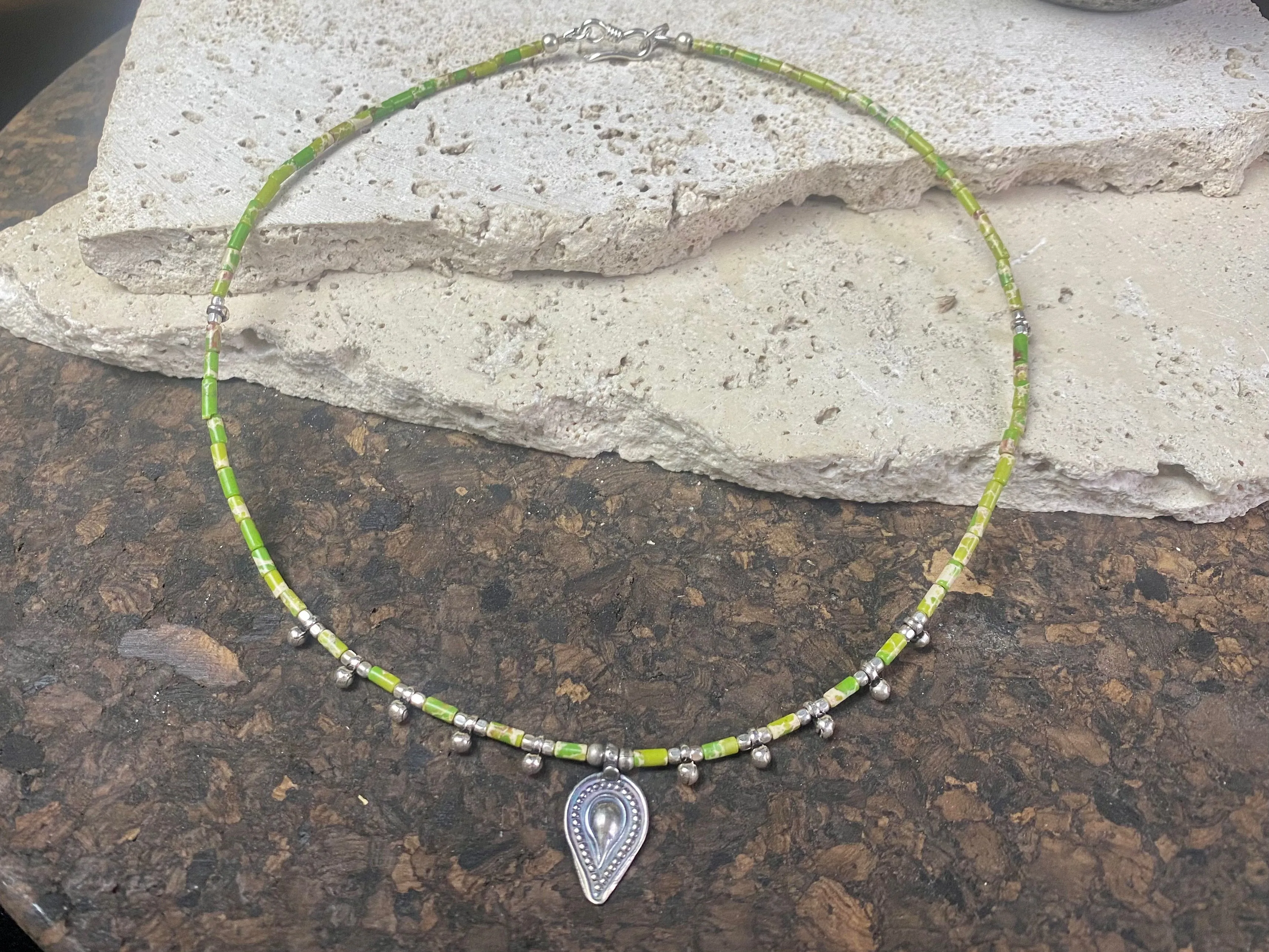 Green Jasper and Rajasthani Silver Necklace