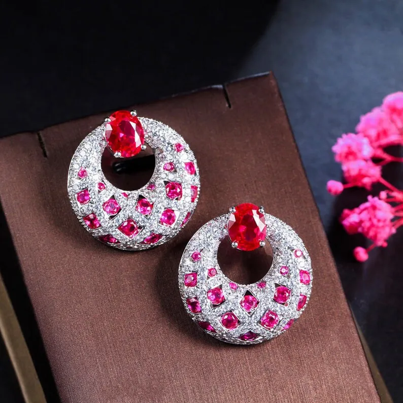 HIVAGI® Hot Royal Pink Red Cubic Zirconia Stone Earrings: Luxurious and Sparkling Party Wedding Jewelry.