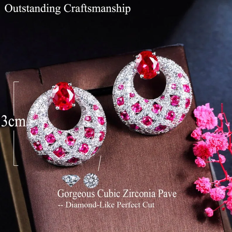 HIVAGI® Hot Royal Pink Red Cubic Zirconia Stone Earrings: Luxurious and Sparkling Party Wedding Jewelry.