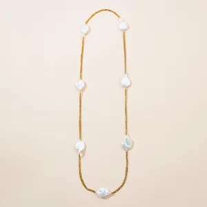 Long 18k Yellow Gold Chain Baroque Pearl Necklace