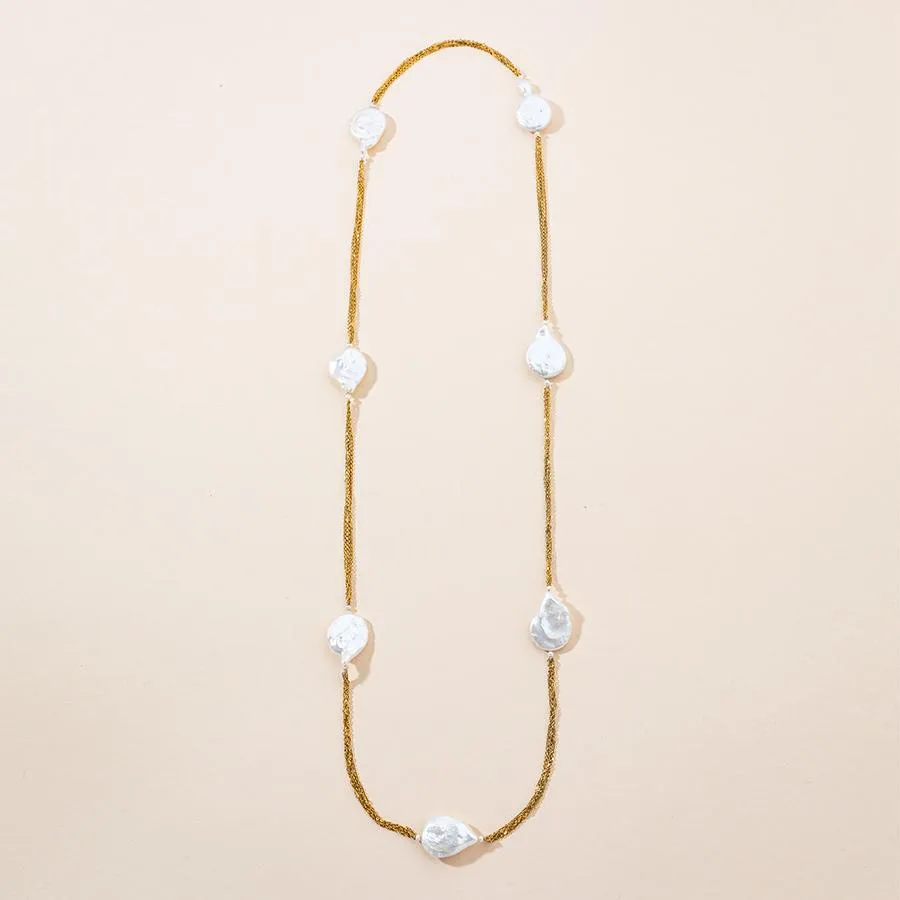 Long 18k Yellow Gold Chain Baroque Pearl Necklace