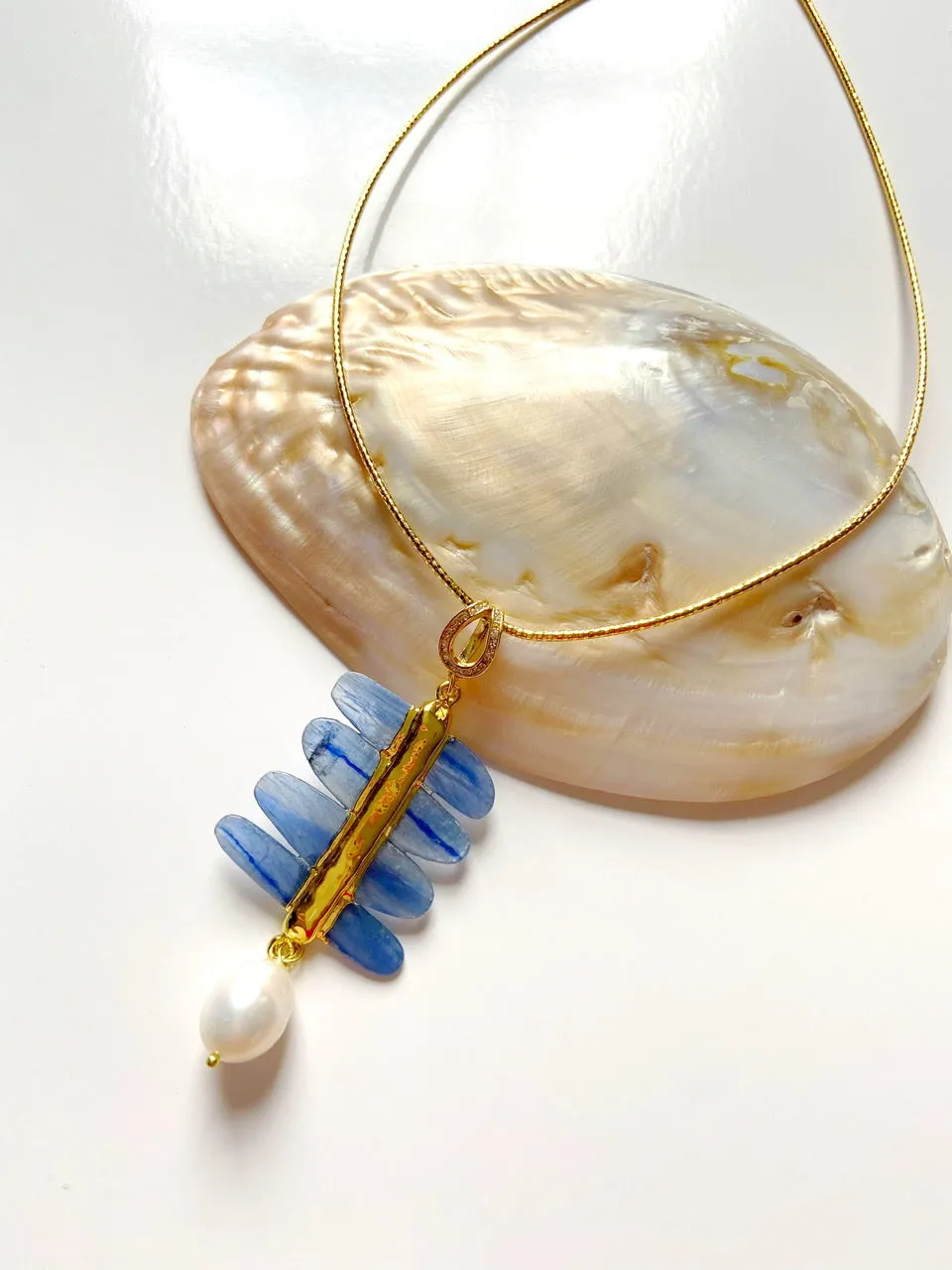 Lovely Blue Kyanite Gemstone Pendant Necklace with Gold Vermeil and a Pearl Drop