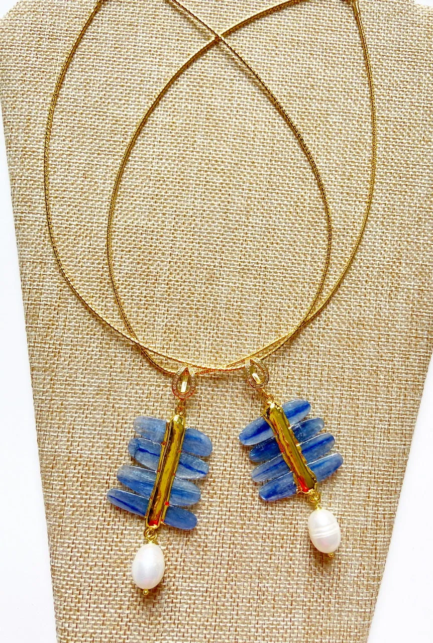 Lovely Blue Kyanite Gemstone Pendant Necklace with Gold Vermeil and a Pearl Drop