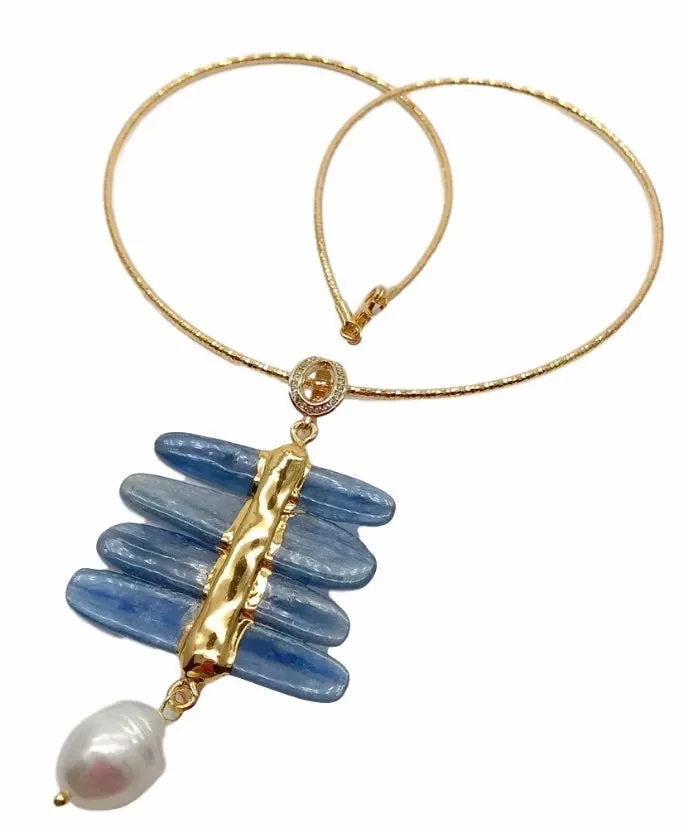 Lovely Blue Kyanite Gemstone Pendant Necklace with Gold Vermeil and a Pearl Drop