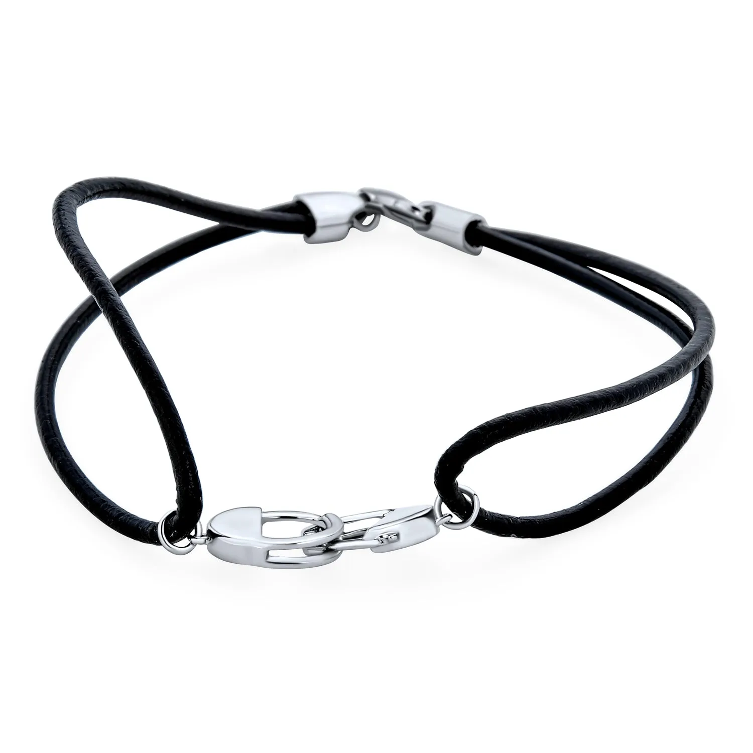 Minimalist Wrap Bracelet Black Leather Cord with Sterling Silver Handcuff Design