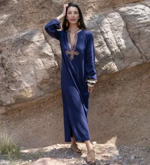 Moroccan V-Neck Slim Fit Dress: Navy