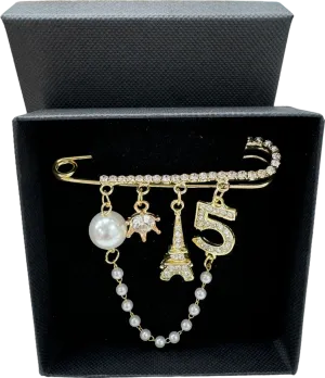 No.5 Gold Crystal Embellished Charm Brooch In Gift Box One Size