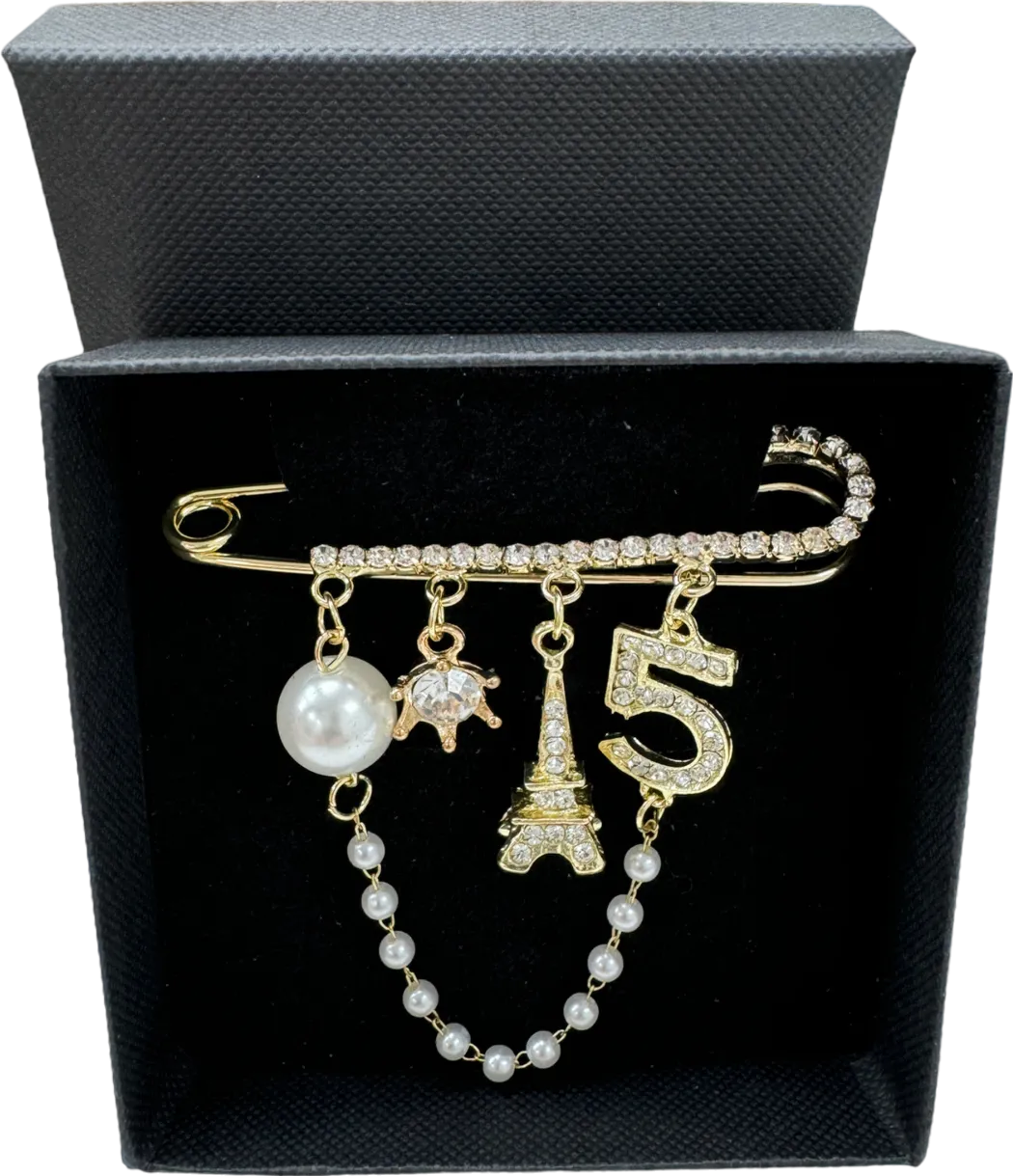 No.5 Gold Crystal Embellished Charm Brooch In Gift Box One Size