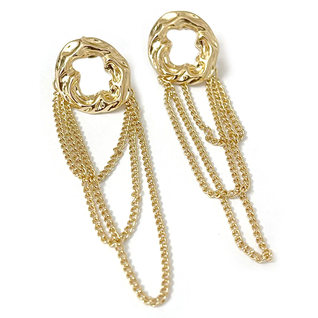 OVERSIZED HAMMERED CIRCULAR GOLD-TONED & TASSEL DROP EARRINGS