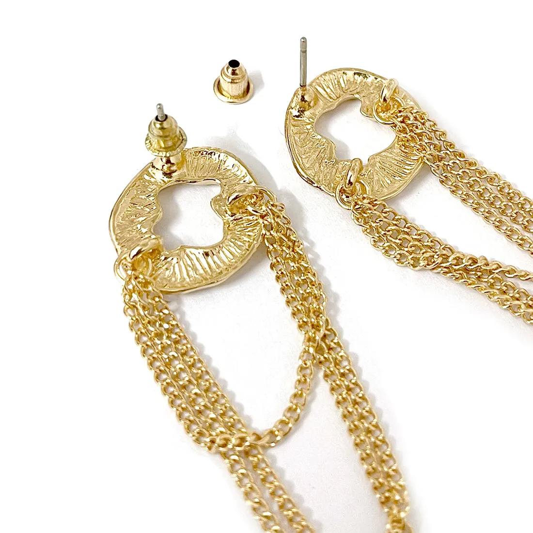 OVERSIZED HAMMERED CIRCULAR GOLD-TONED & TASSEL DROP EARRINGS