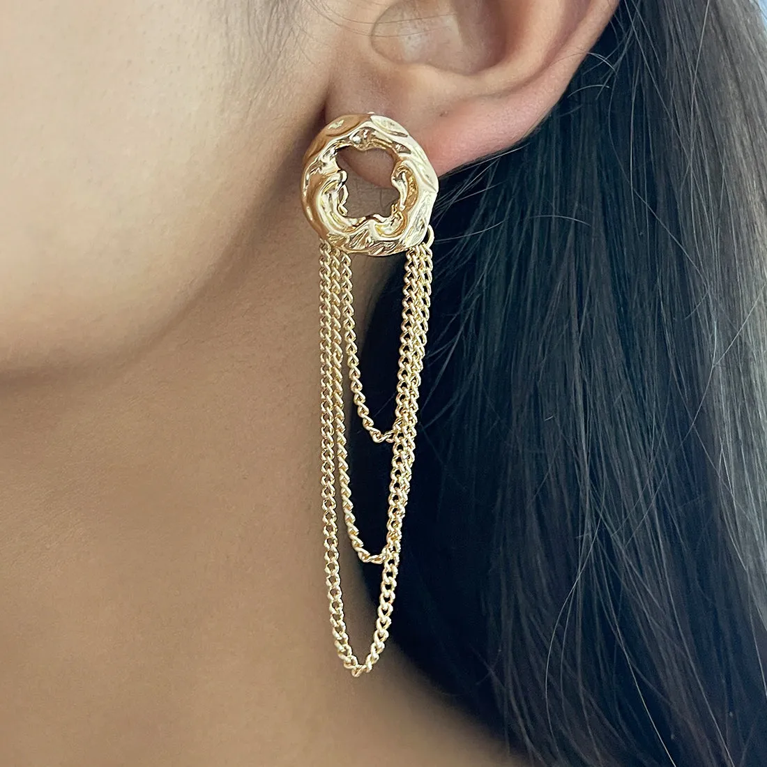 OVERSIZED HAMMERED CIRCULAR GOLD-TONED & TASSEL DROP EARRINGS