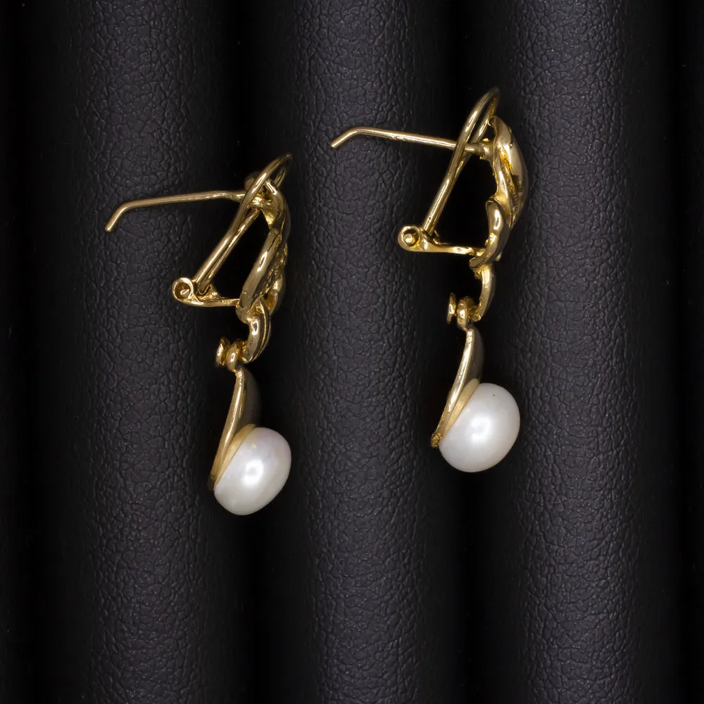 PEARL SOLID 14k YELLOW GOLD DANGLE EARRINGS DROP SWIRL ESTATE WEDDING JEWELRY