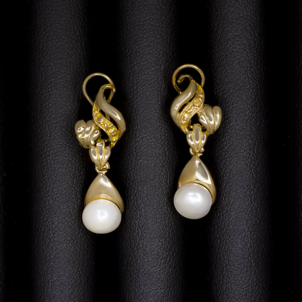 PEARL SOLID 14k YELLOW GOLD DANGLE EARRINGS DROP SWIRL ESTATE WEDDING JEWELRY