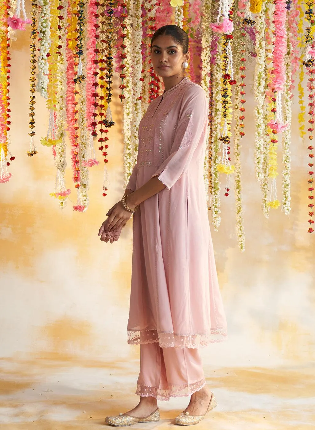 Pink  Kurta Set With Chain Stitch Embroidery