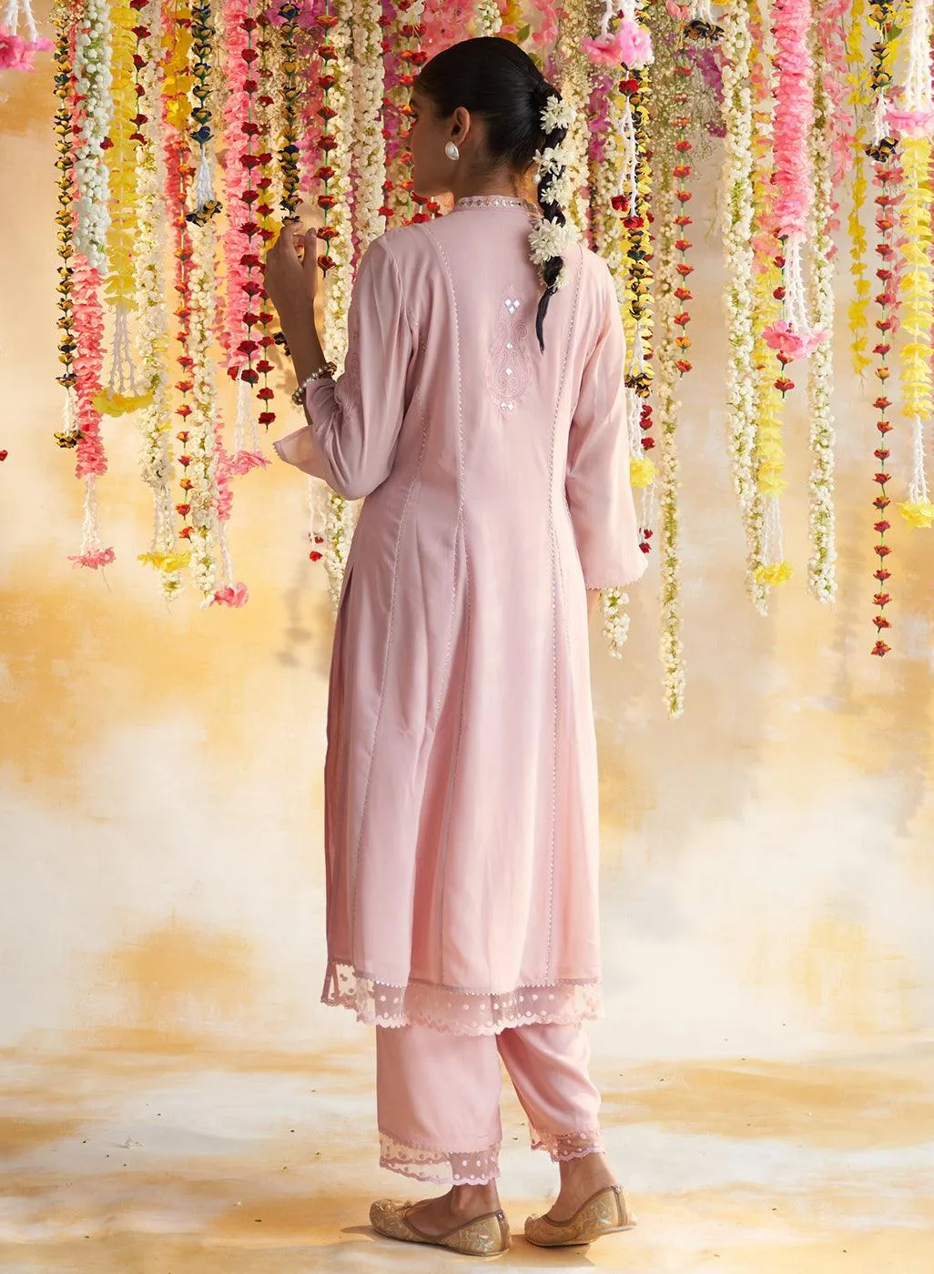 Pink  Kurta Set With Chain Stitch Embroidery