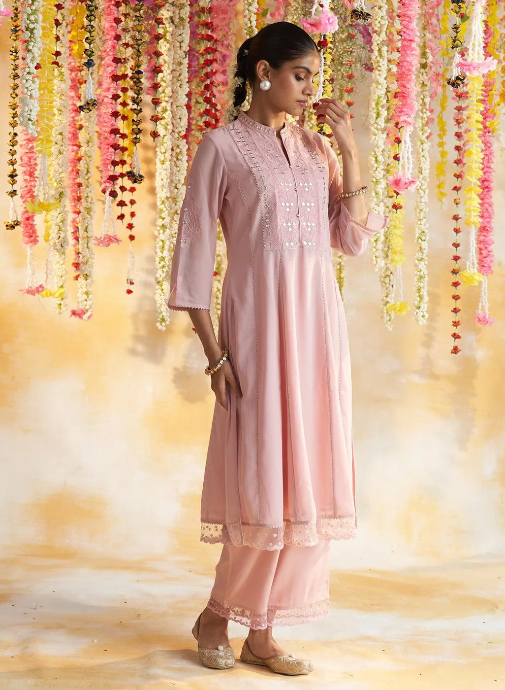 Pink  Kurta Set With Chain Stitch Embroidery