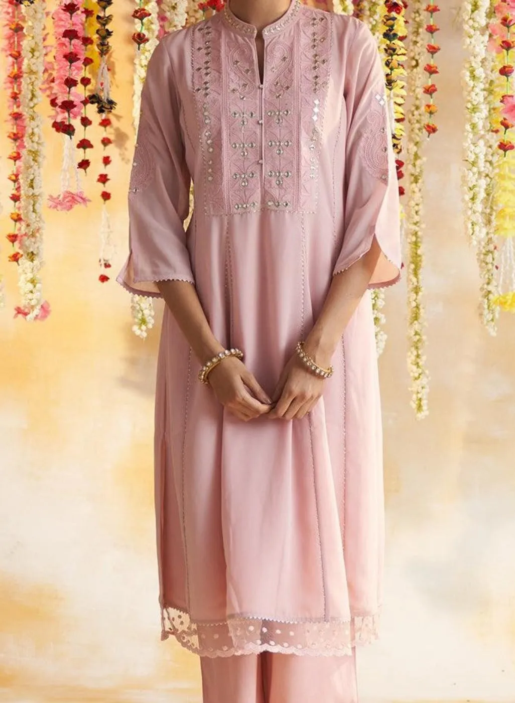 Pink  Kurta Set With Chain Stitch Embroidery