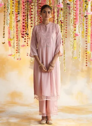 Pink  Kurta Set With Chain Stitch Embroidery