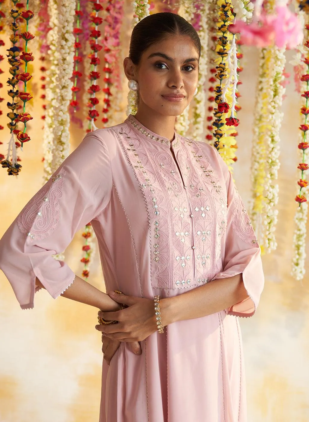 Pink  Kurta Set With Chain Stitch Embroidery