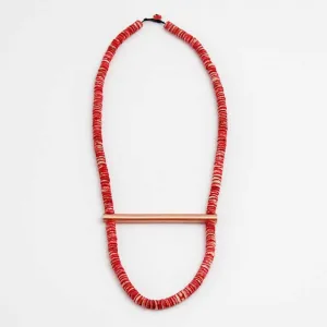 Red Beaded and Copper Bar Necklace