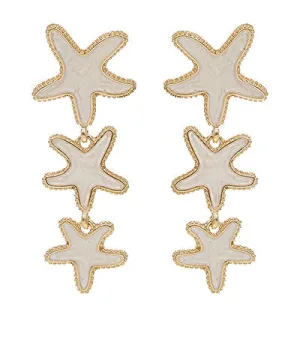 Starfish Trio Drop Earrings - White & Gold