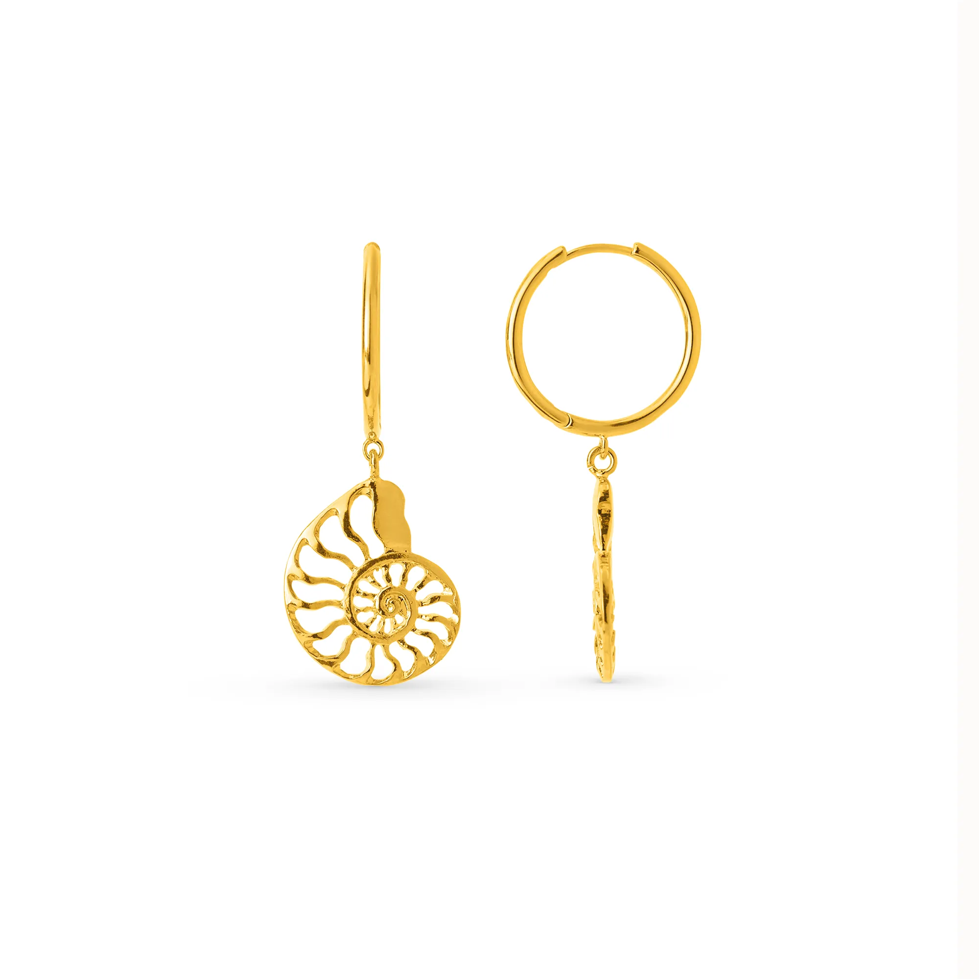 Statement Open Ammonite Drop Hoop Earrings - Gold