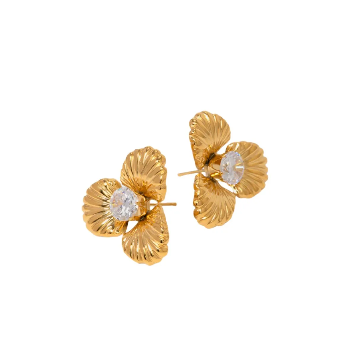 TEEK - Gold Stainless Steel Zircon Flower Shape Earrings