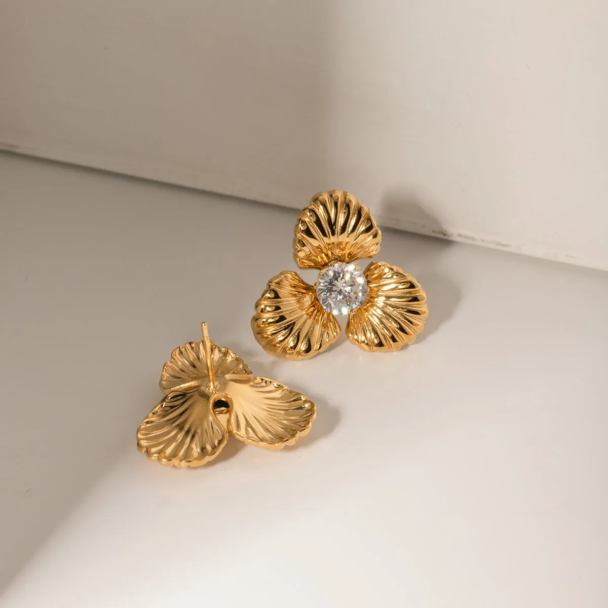 TEEK - Gold Stainless Steel Zircon Flower Shape Earrings