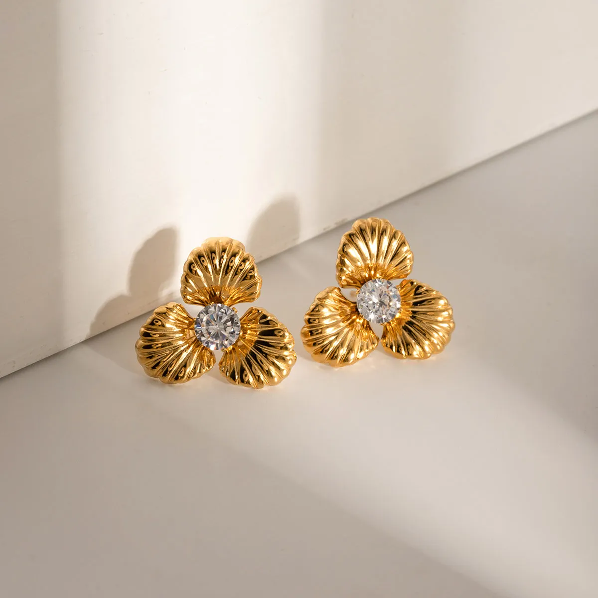 TEEK - Gold Stainless Steel Zircon Flower Shape Earrings