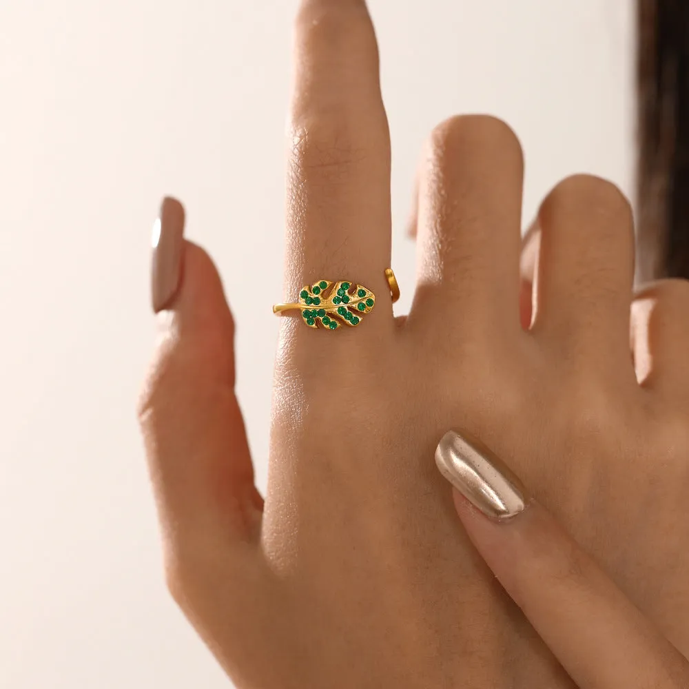 Tree Leaf Green Gems Gold Rings JLTR0381