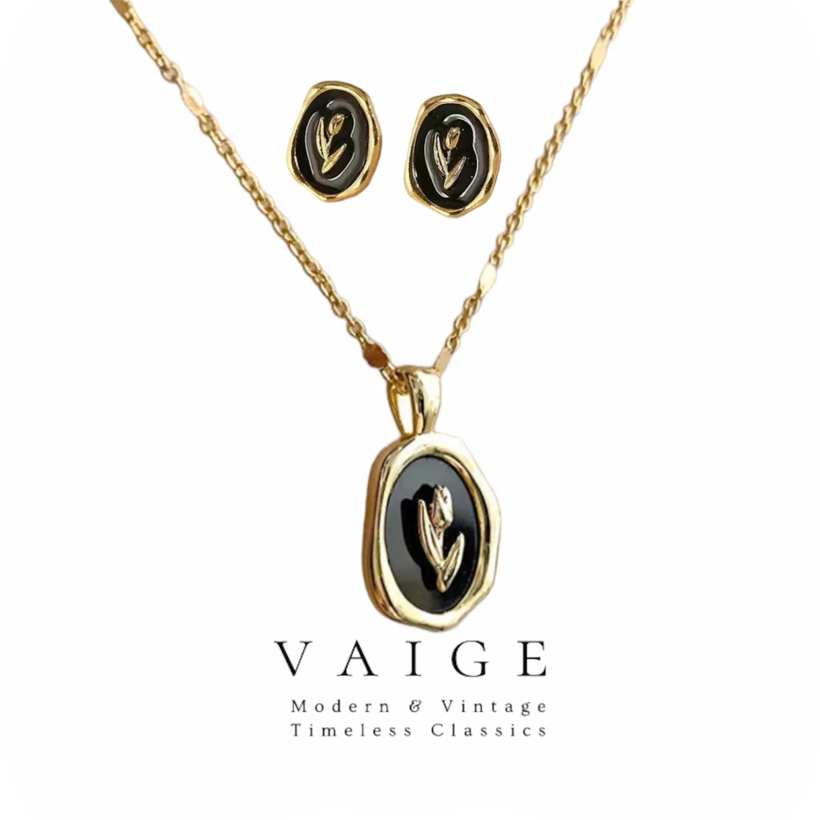 VAIGE Elegant Black Tulip Floral Jewelry Set with Gold Accents